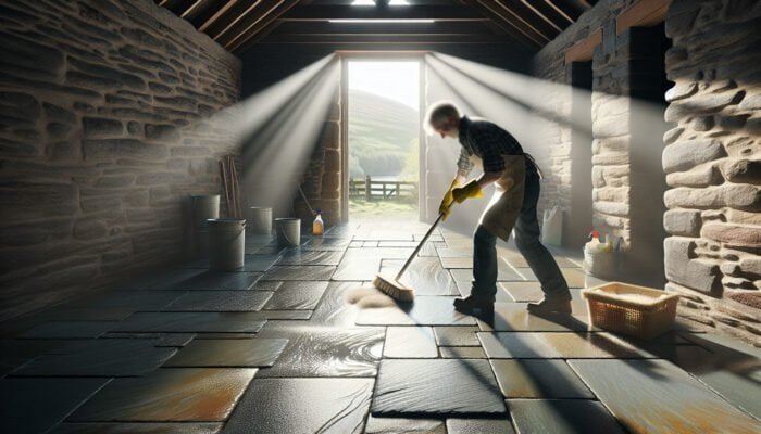 An individual scrubbing slate floors with natural solutions in West Dunbartonshire, sunlight accentuating the clean surface.