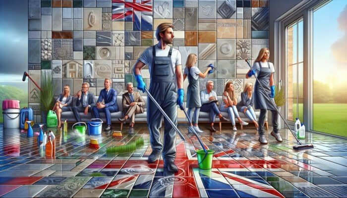 UK cleaning team using biodegradable products on tiles, showcasing eco-friendly methods and exceptional service.