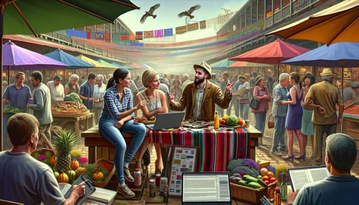 A small business owner and local copywriter collaborate at a vibrant Ferndown community event.