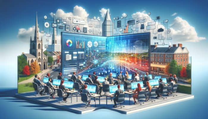 Professionals collaborating on web development in Barnstaple, with modern technology and local landmarks.