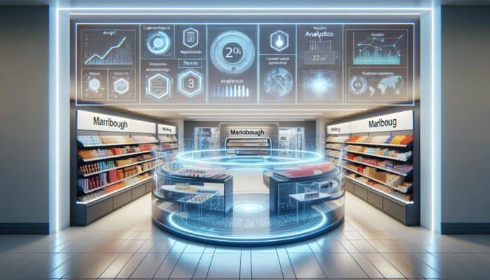 A vibrant Marlborough store showcasing diverse products and a floating digital platform displaying analytics.