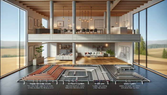 Four distinct types of hydronic radiant floor heating systems displayed in a modern room setting.