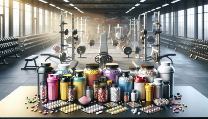 Colorful powders, pills, and clear liquid nitric oxide boosters displayed on a table with gym equipment.