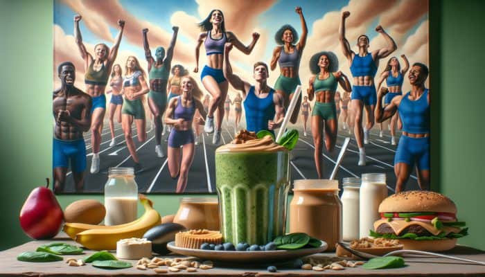 A vibrant breakfast scene featuring a smoothie and vegetarian athletes showcasing healthy high-protein meal plans.