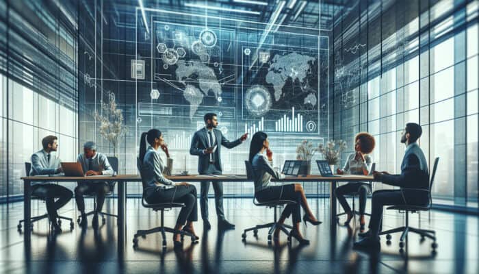 Teams engaged in collaboration around agile boards, using digital tools in a vibrant office environment.