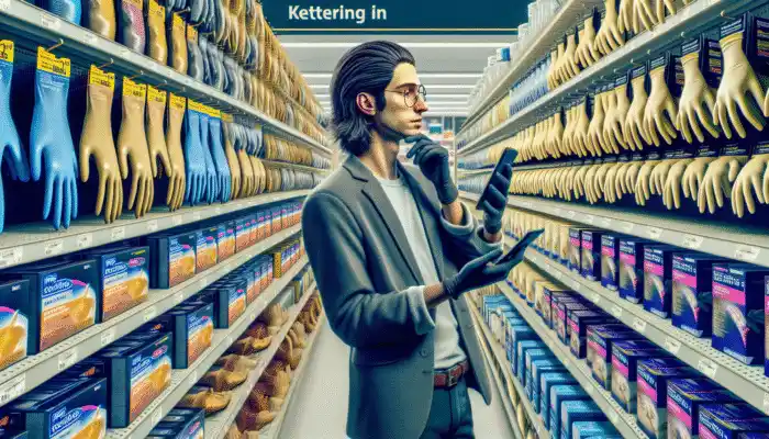 A person in Kettering using a smartphone to read expert recommendations while selecting latex gloves in a store.