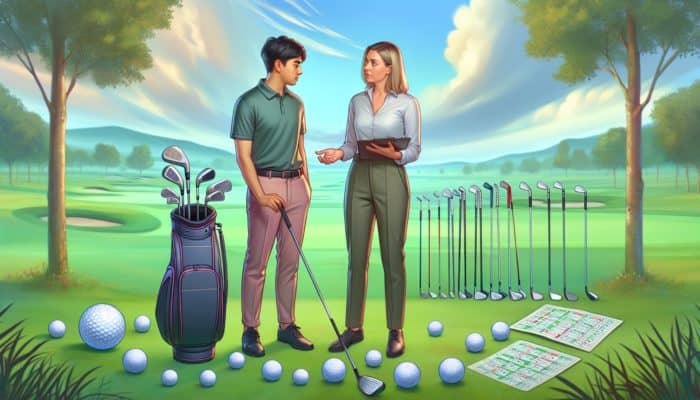A novice golfer receiving expert guidance on selecting beginner golf clubs on a green course.