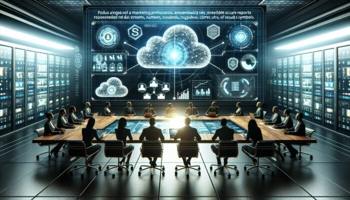 A futuristic control room displaying a holographic data flow, surrounded by secure cloud symbols, with a marketing team analysing real-time reports.