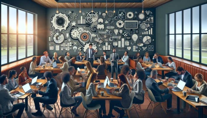 A strategic digital marketing consultation taking place in a Budleigh Salterton café with small business owners and a marketing consultant.