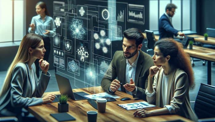 A small business team reviewing digital marketing data on screens, discussing strategies with an expert consultant.