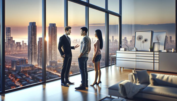 A real estate agent showing a couple a modern home in Standerton with city views.