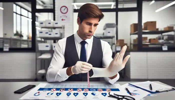 A business in Barry inspecting high-quality latex gloves for compliance with UK safety standards in a healthcare or food service setting.
