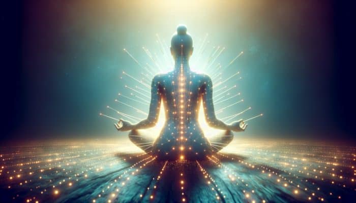 A person meditating while receiving acupuncture, bathed in soft light, symbolising holistic wellbeing.