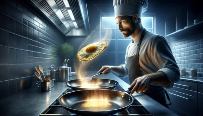 A chef expertly performs a double pan flip, transferring an omelette between two sizzling pans.