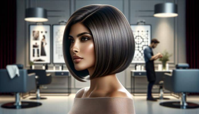 A sophisticated woman showcasing a chic graduated bob haircut styled professionally in a modern salon environment.
