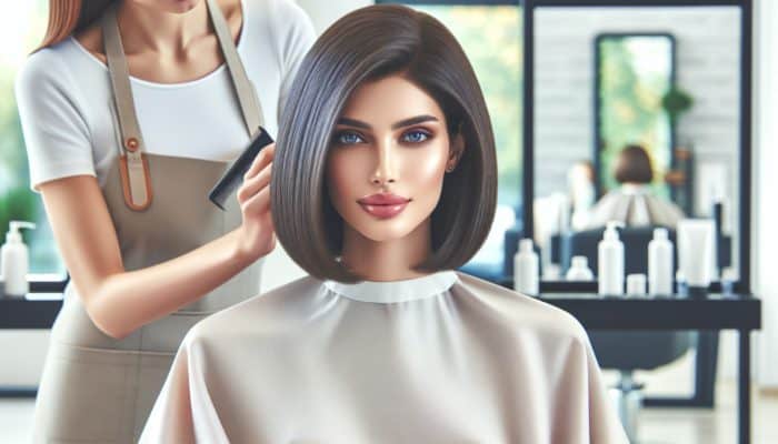 A woman with a chic graduated bob receiving a trim in a modern salon, showcasing her healthy, shiny hair.