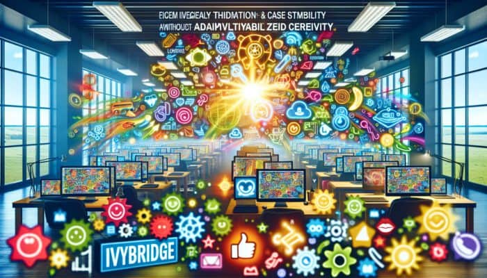 A vibrant Ivybridge office with diverse web design projects on screens, showcasing adaptability, creativity, and client feedback.