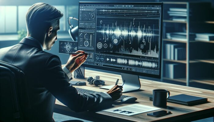 Person watching video, taking notes, using Otter.ai and Descript for SEO-optimised transcription.