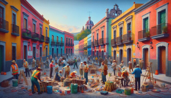 Locals and experts restoring colorful colonial buildings in San Miguel de Allende to preserve cultural heritage.