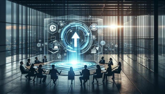 Modern office with entrepreneurs presenting digital dashboard for efficient debt consolidation and personalized financial plans.