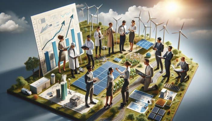 A group of experts collaborating on sustainable trends with solar solutions and renewable energy technology.