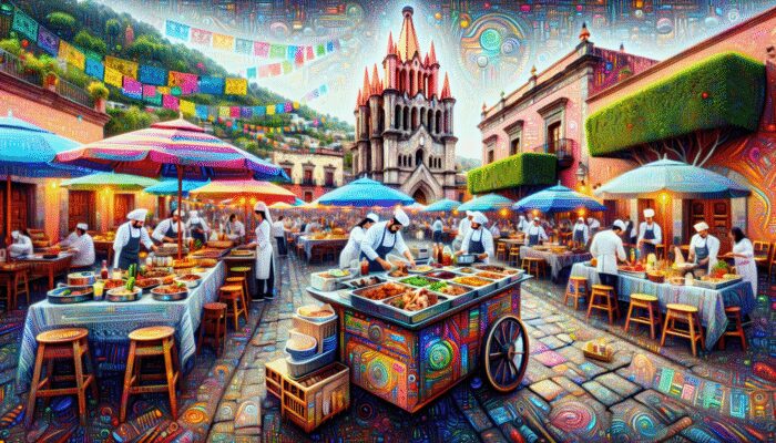 A lively culinary tour in San Miguel de Allende featuring street food, gourmet dining, and cooking classes amid festive celebrations.