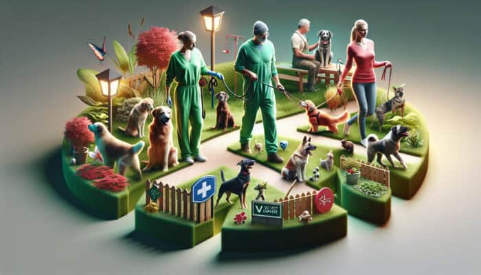 A community garden with leashed pets, safety signs, training sessions, and vet contact list for a safe environment.