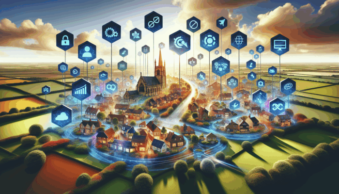 Internet Marketing in Chipping Campden Gloucestershire for Small Business: A digital landscape with SEO, PPC, content marketing, and social media icons connecting Chipping Campden businesses globally.