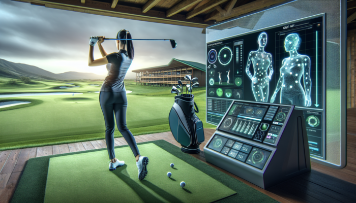 Golfer using high-tech swing analyzer and simulator for real-time feedback on a modern golf course.