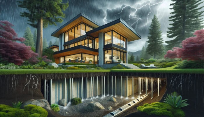 Modern Canadian home in Gastown with efficient crawl space drainage system under stormy sky and lush greenery.
