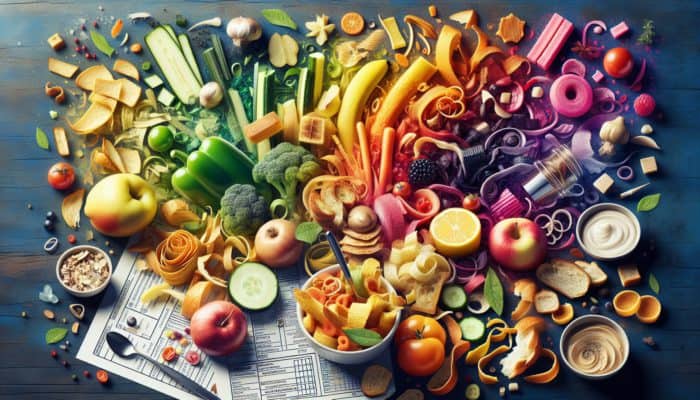 Vibrant kitchen scene showcasing food scraps transformed into delectable upcycled dishes.