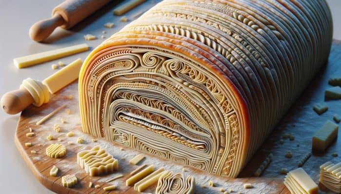 Cross-section of laminated dough showing single, double, and letter folds with varying layers and textures.