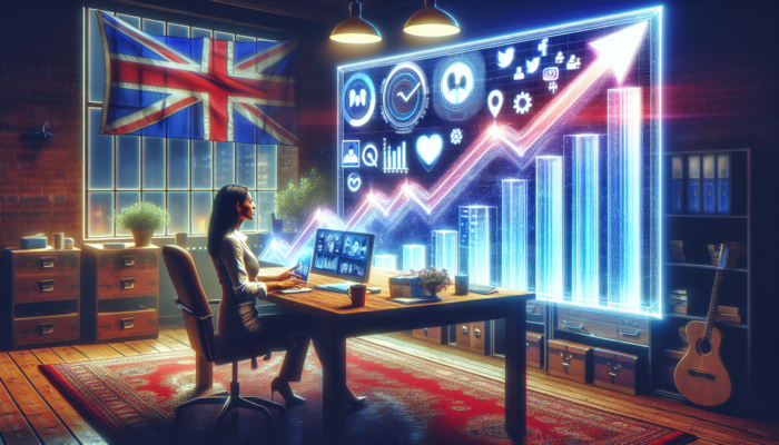 A small business owner in a busy Verwood office analysing rising social media graphs, surrounded by UK flags and icons.