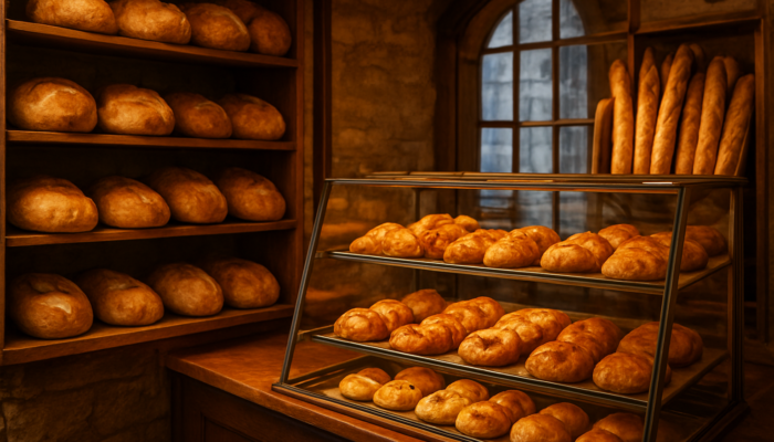 Chipping Sodbury artisan bakery shelves with golden loaves and pastries on vibrant ecommerce site.