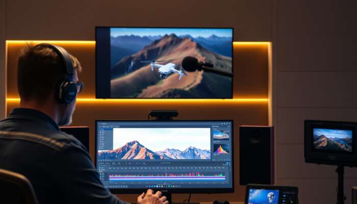 A professional editor in a modern studio uses Adobe Premiere Pro to colour correct and stabilise aerial drone footage on a high-res screen.