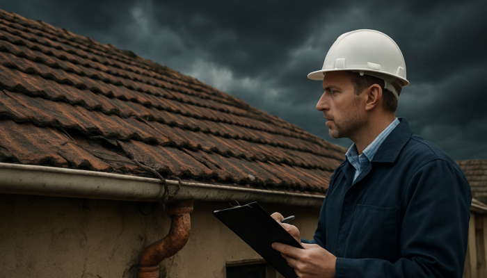Professional inspector examining a cracked roof and exposed wiring on an older home in Springs under a stormy sky.