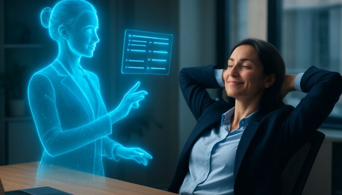 Holographic virtual assistant in blue light helps professional organise schedules on floating screen.