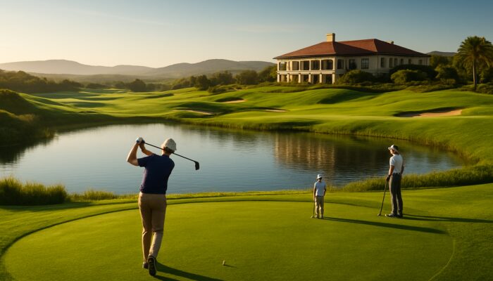Lush Oubaai Golf Club course featuring pristine greens, shimmering hazards, active players, and a majestic clubhouse.