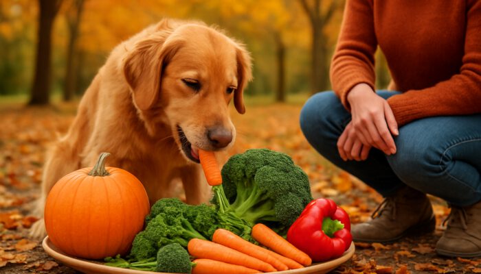 Joyful dog enjoying fresh seasonal vegetables in an autumn park with its owner.