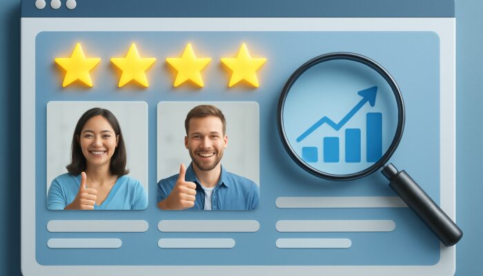 Busy e-commerce site showcasing star ratings, thumbs-up icons, increasing traffic charts, and an SEO magnifying glass.