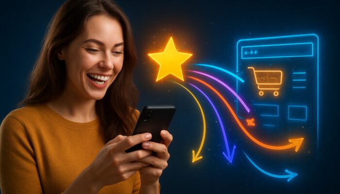 Happy customer on smartphone posting a review, with vibrant links symbolising SEO growth for a thriving e-commerce site.