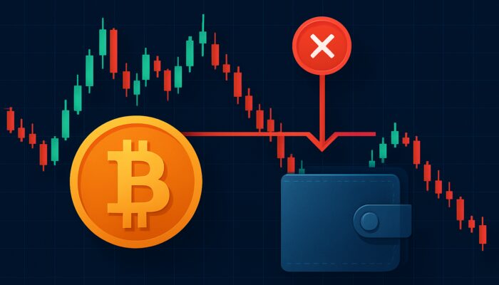 Bitcoin price chart with red stop-loss line activating sell order in volatile crypto trading.