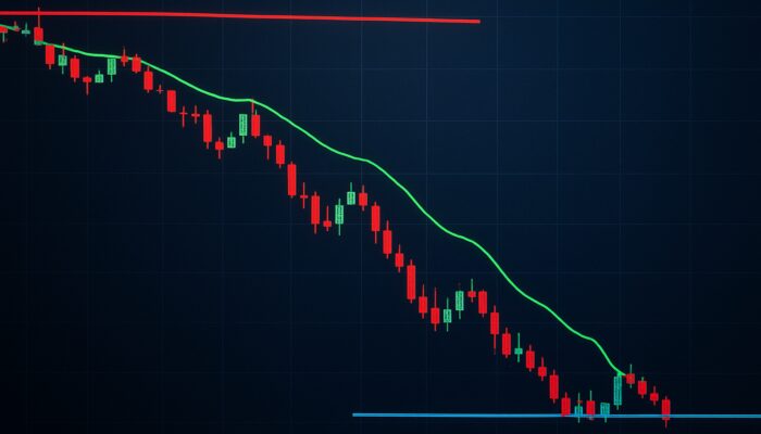 Stock chart illustrating red stop-loss, green trailing stop, and blue limit lines amidst rapid market decline.