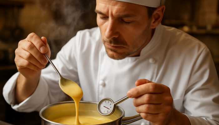 Chef stirring golden custard in a saucepan, monitoring a thermometer at 82°C as steam rises.