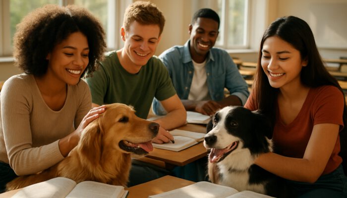 Diverse students happily interacting with therapy dogs while studying in a bright classroom.