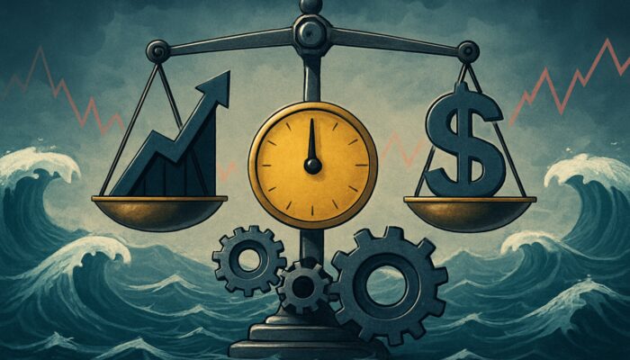 A financial scale balancing the Calmar Ratio against stock market fluctuations and gears adjusting for risk and volatility.