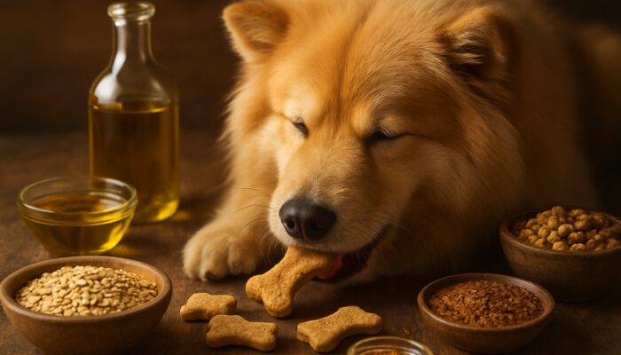 Fluffy dog with shiny coat nibbling on hypoallergenic treats drizzled with flaxseed and olive oil on rustic wood.
