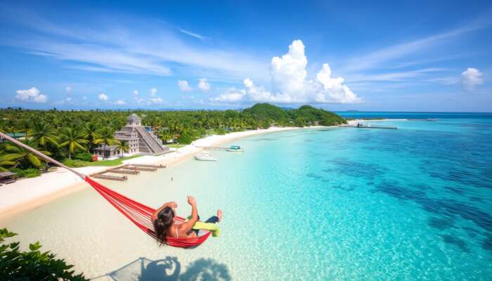 Belize coastal scene showcasing turquoise waters, palm-fringed beaches, explorers at Mayan ruins within lush forests, and travellers enjoying hammocks at sunset.