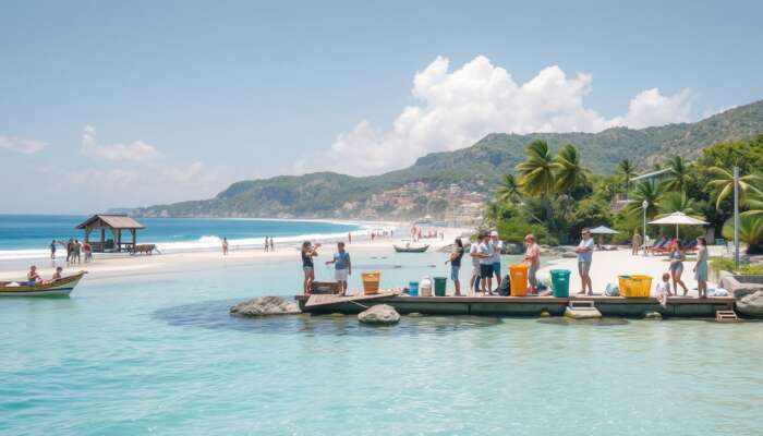 Tourists sorting waste into eco-friendly bins, observing wildlife from a distance, and using renewable energy amidst pristine coastal beaches and clear blue waters.