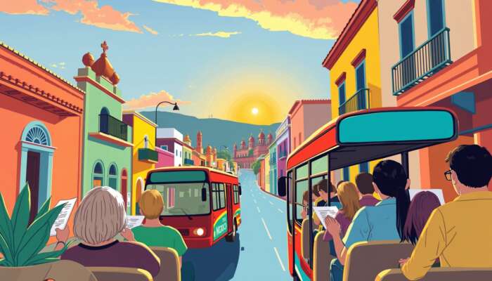 A vibrant bus traverses the colourful streets of San Miguel de Allende towards Mexico City, while passengers consult maps under a warm sunset.